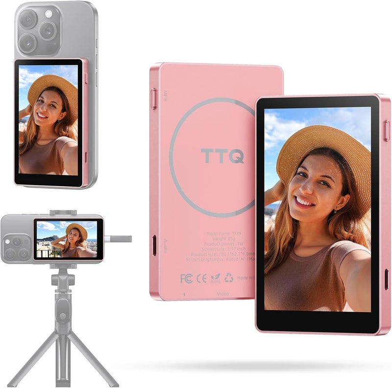 TTQ Vlog Selfie Monitor Screen, Magnetic Phone Vlog Selfie Monitor Screen 4K 60fps Bluetooth Remote, Back Camera Monitor for Vlog Live Stream TikTok, Compatible with iPhone & Android - Pink - Image 1